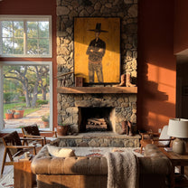 Black Hat Counts Time - standing cowboy portrait painting by Ethan Mercer, contemporary Western vertical wall art – styled room scene view 4