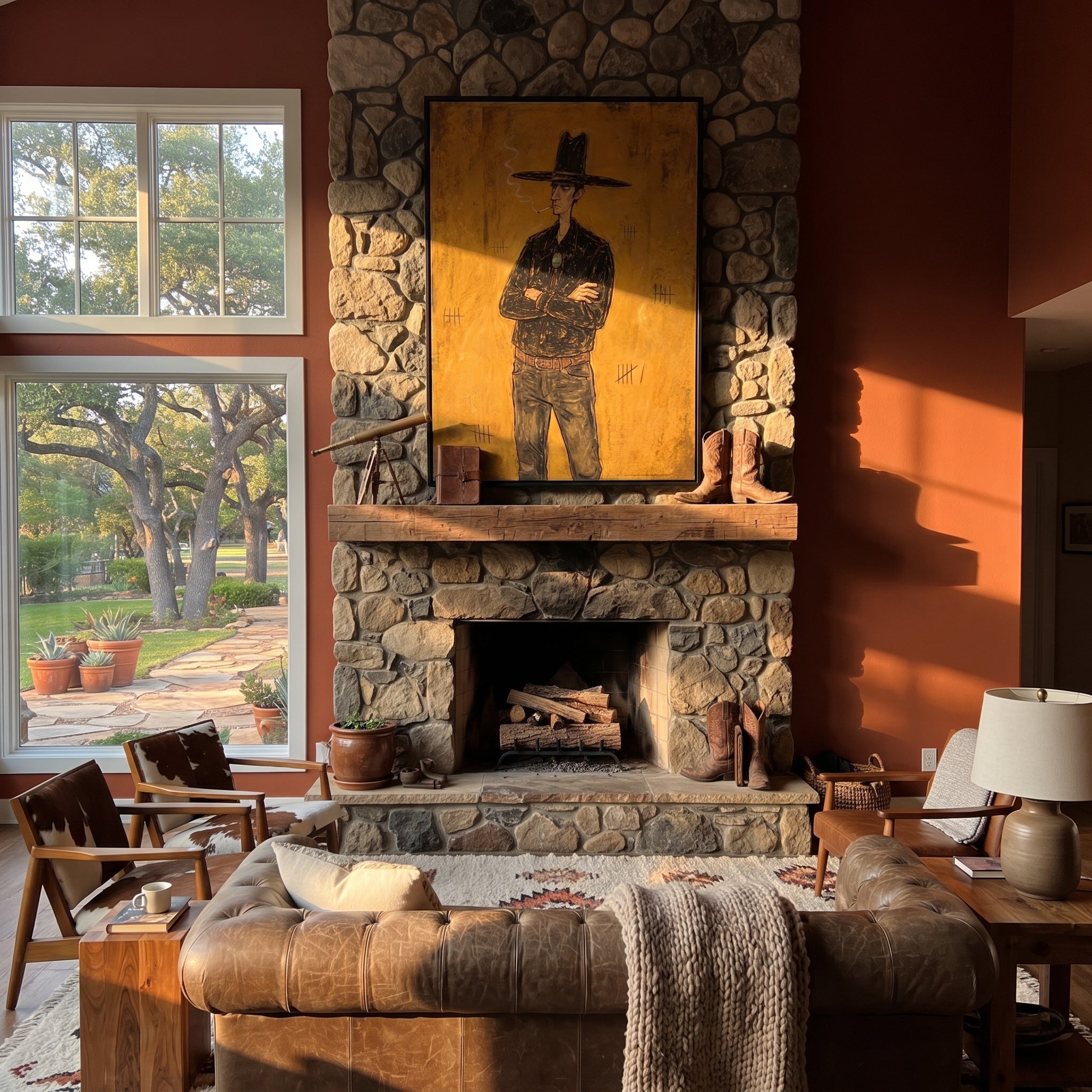Black Hat Counts Time - standing cowboy portrait painting by Ethan Mercer, contemporary Western vertical wall art – styled room scene view 4