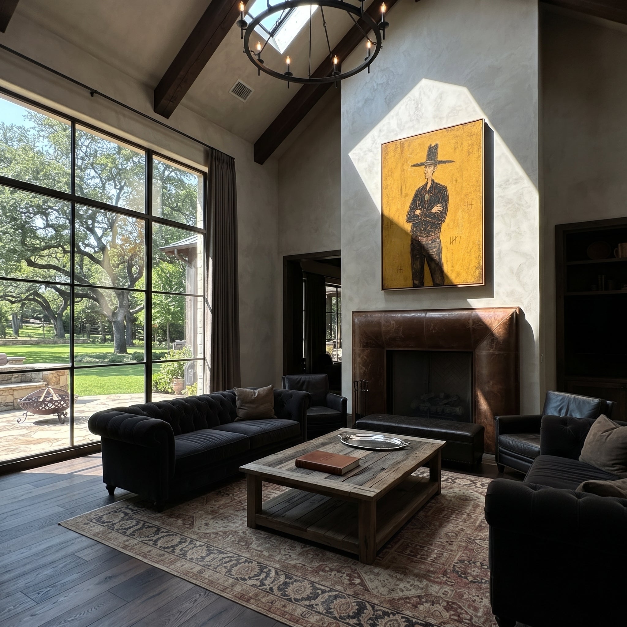 Black Hat Counts Time - standing cowboy portrait painting by Ethan Mercer, contemporary Western vertical wall art – styled room scene view 5