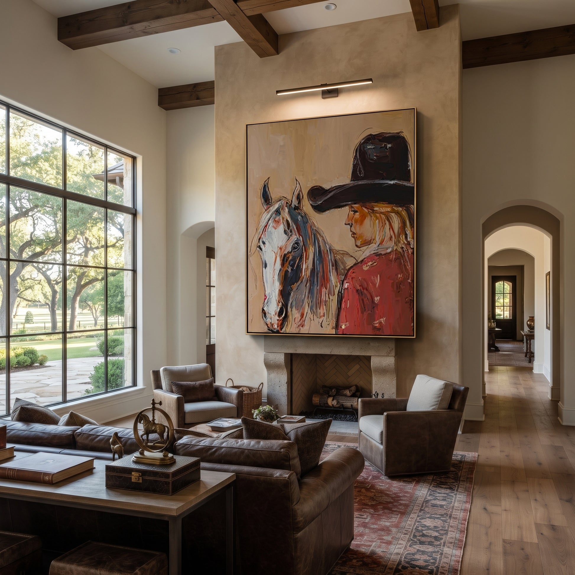 Gray Horse Shares Breath - cowgirl horse closeup painting by Ethan Mercer, contemporary Western vertical wall art – styled room scene view 1