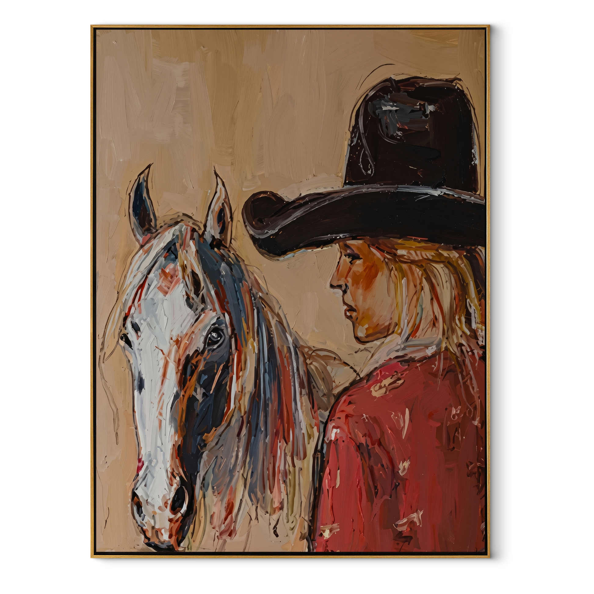Gray Horse Shares Breath - cowgirl horse closeup painting by Ethan Mercer, contemporary Western vertical wall art – wood frame on white background