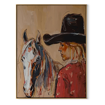 Gray Horse Shares Breath - cowgirl horse closeup painting by Ethan Mercer, contemporary Western vertical wall art – wood frame on white background