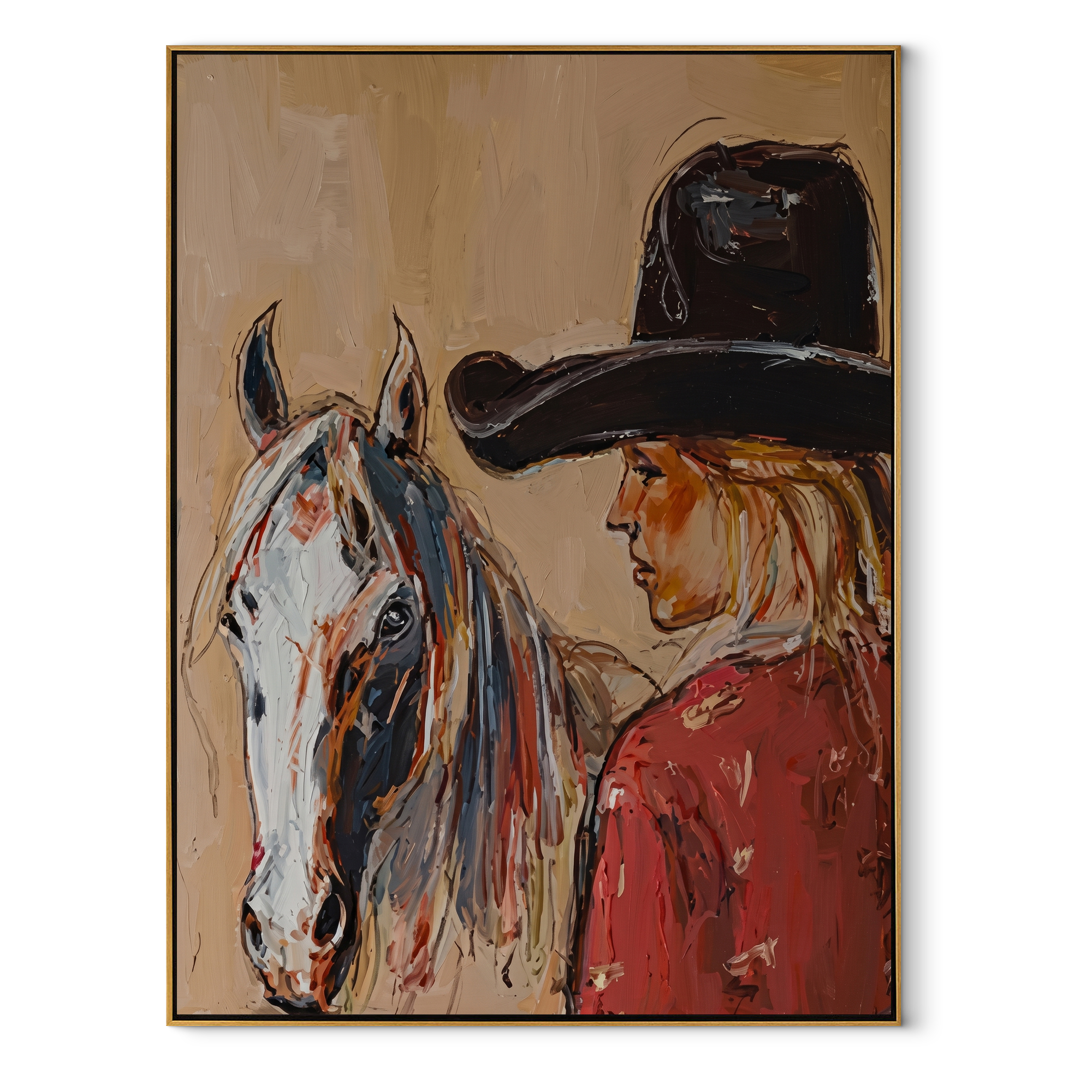 Gray Horse Shares Breath - cowgirl horse closeup painting by Ethan Mercer, contemporary Western vertical wall art – wood frame on white background
