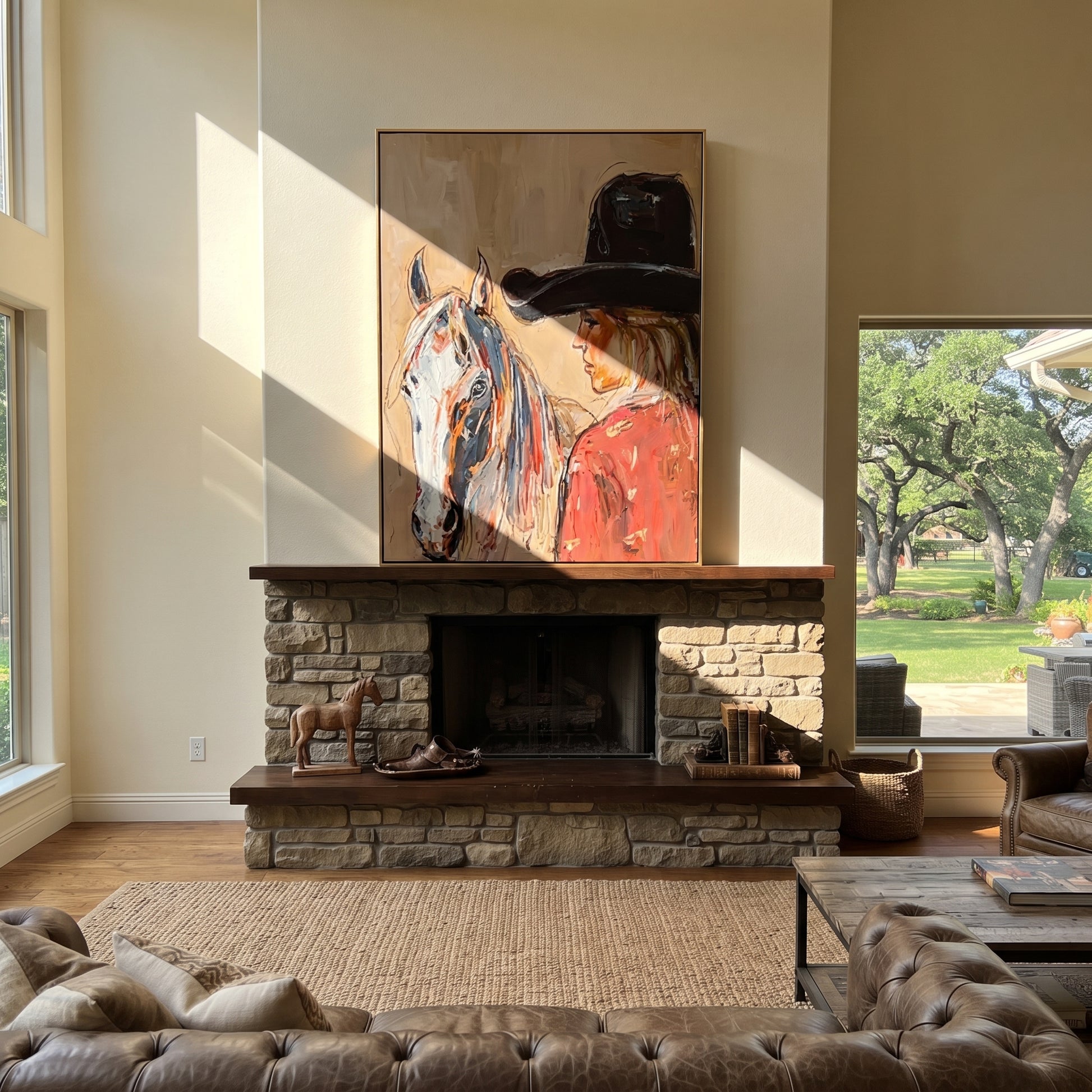 Gray Horse Shares Breath - cowgirl horse closeup painting by Ethan Mercer, contemporary Western vertical wall art – styled room scene view 2