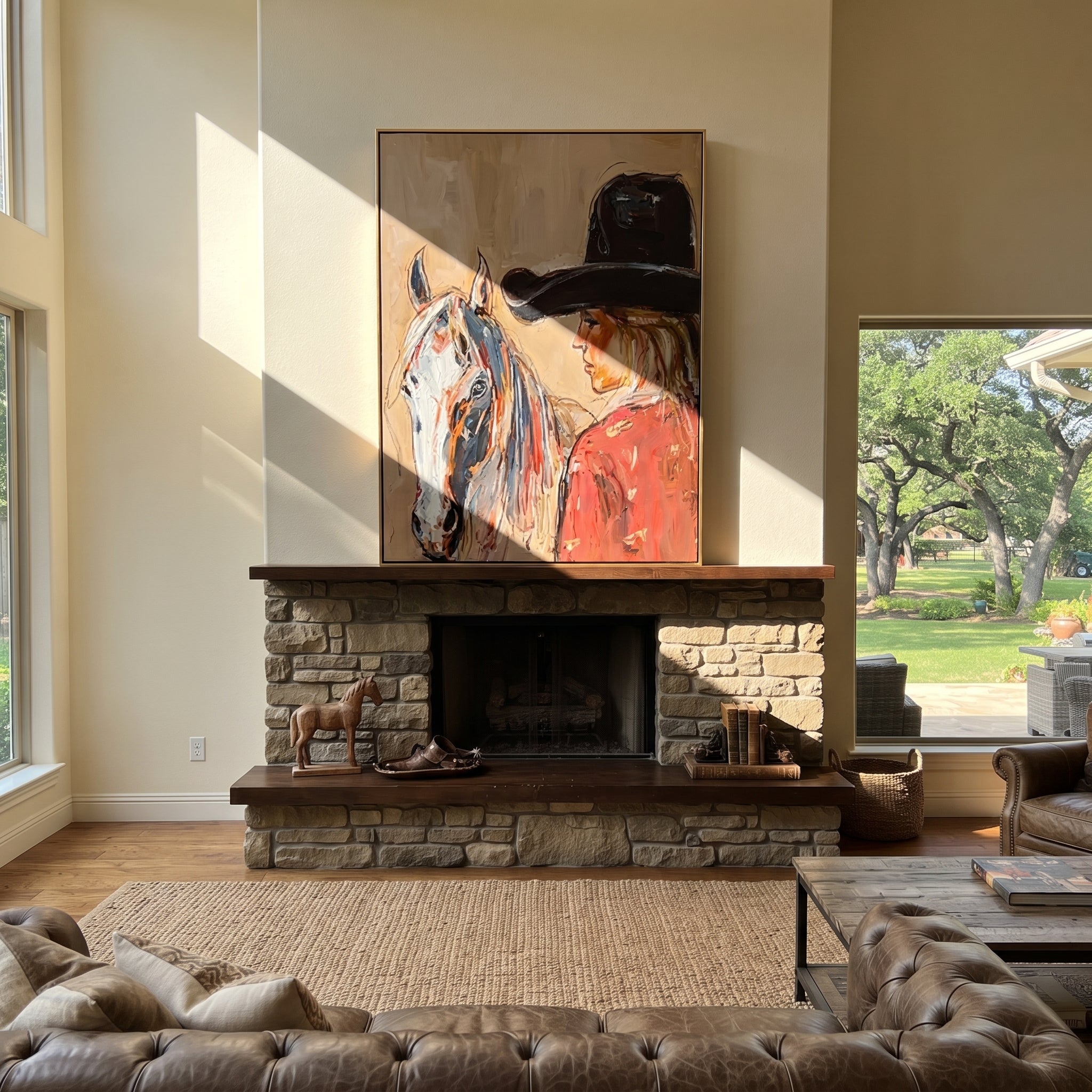 Gray Horse Shares Breath - cowgirl horse closeup painting by Ethan Mercer, contemporary Western vertical wall art – styled room scene view 2