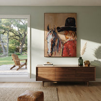 Gray Horse Shares Breath - cowgirl horse closeup painting by Ethan Mercer, contemporary Western vertical wall art – styled room scene view 3
