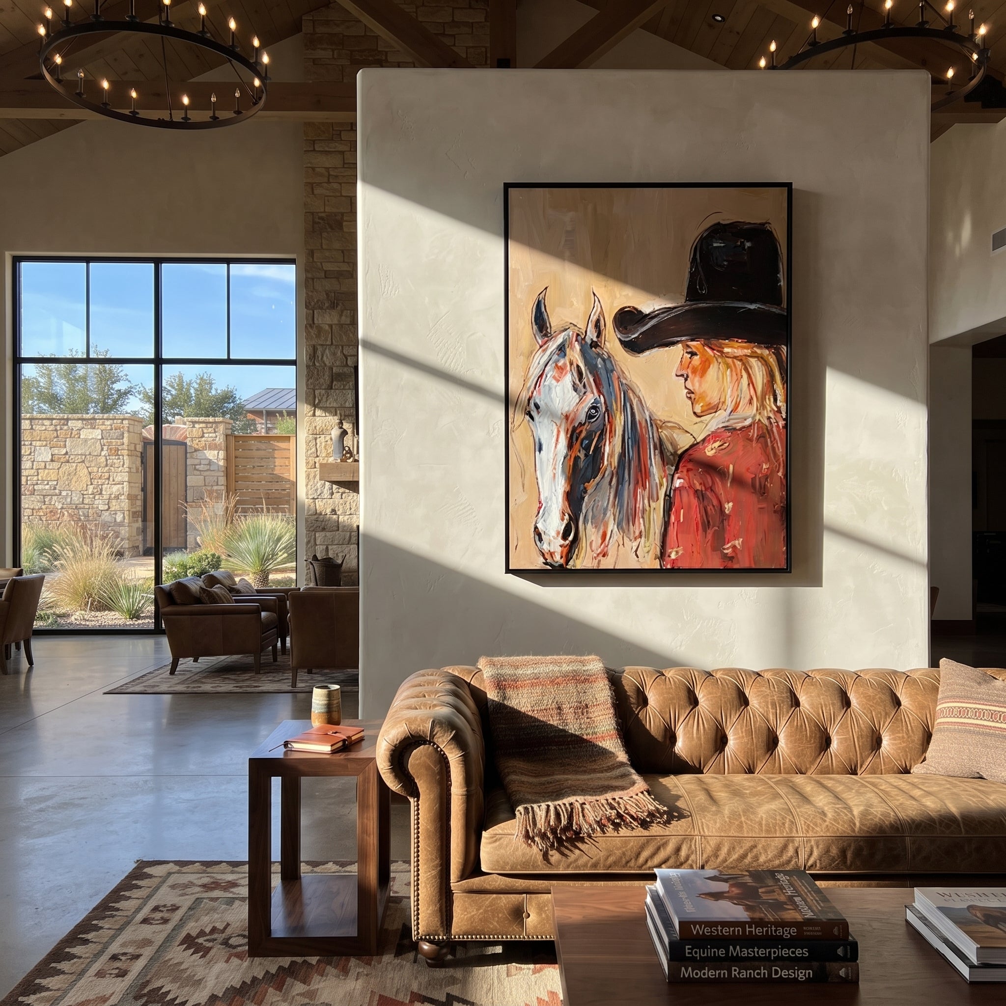 Gray Horse Shares Breath - cowgirl horse closeup painting by Ethan Mercer, contemporary Western vertical wall art – styled room scene view 4