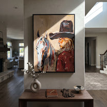 Gray Horse Shares Breath - cowgirl horse closeup painting by Ethan Mercer, contemporary Western vertical wall art – styled room scene view 5