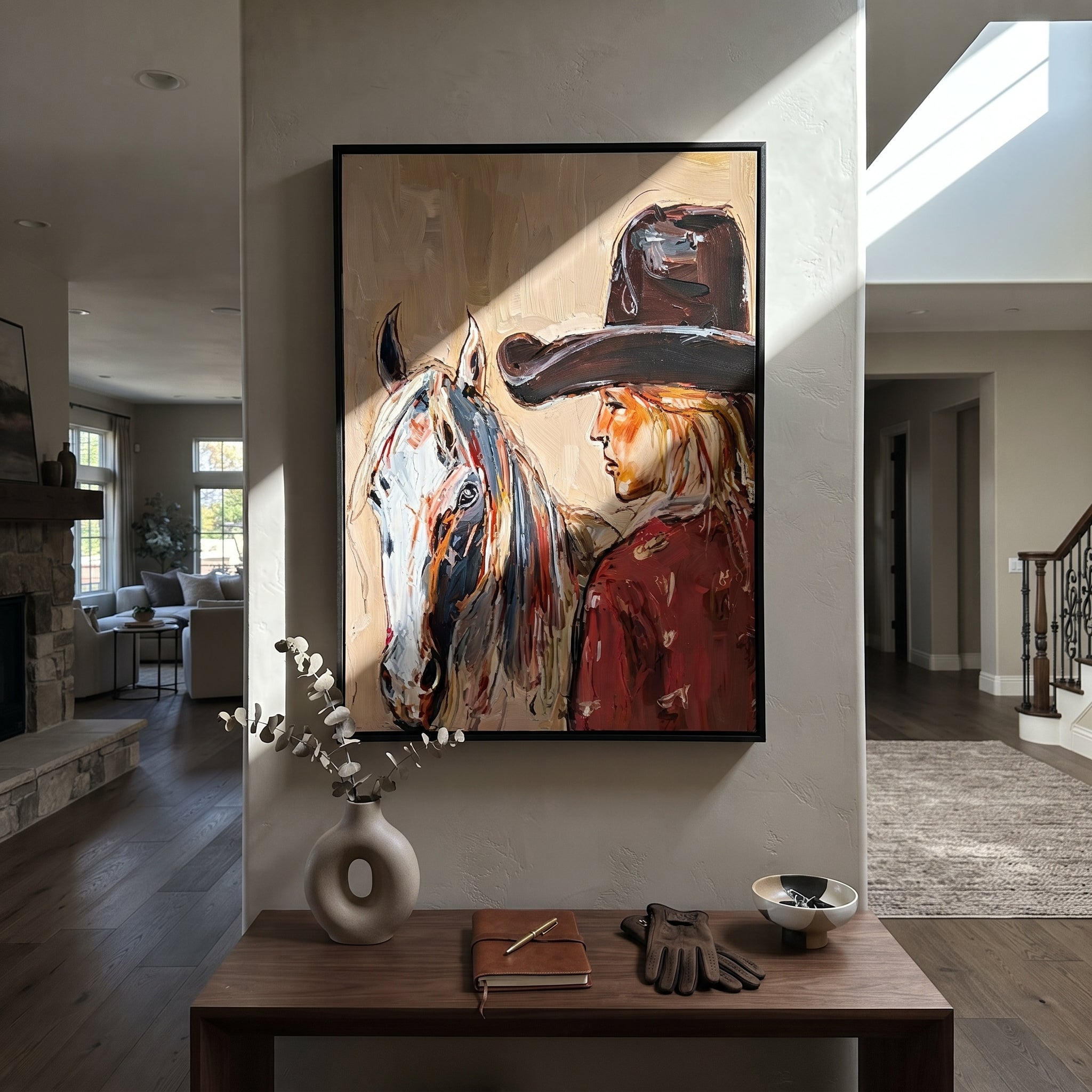 Gray Horse Shares Breath - cowgirl horse closeup painting by Ethan Mercer, contemporary Western vertical wall art – styled room scene view 5