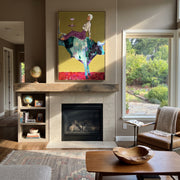 Teal Horns Carry Supper - reclining cowgirl bull painting by Ethan Mercer, contemporary Western vertical wall art – styled room scene view 1