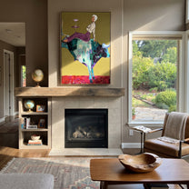 Teal Horns Carry Supper - reclining cowgirl bull painting by Ethan Mercer, contemporary Western vertical wall art – styled room scene view 1