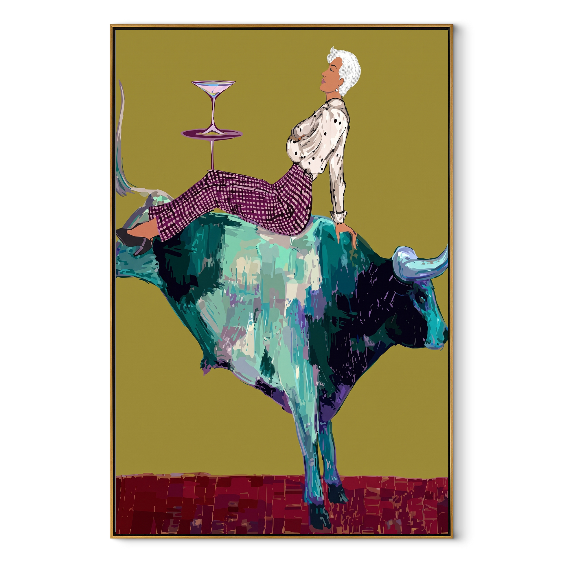Teal Horns Carry Supper - reclining cowgirl bull painting by Ethan Mercer, contemporary Western vertical wall art – wood frame on white background