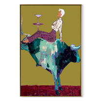 Teal Horns Carry Supper - reclining cowgirl bull painting by Ethan Mercer, contemporary Western vertical wall art – wood frame on white background