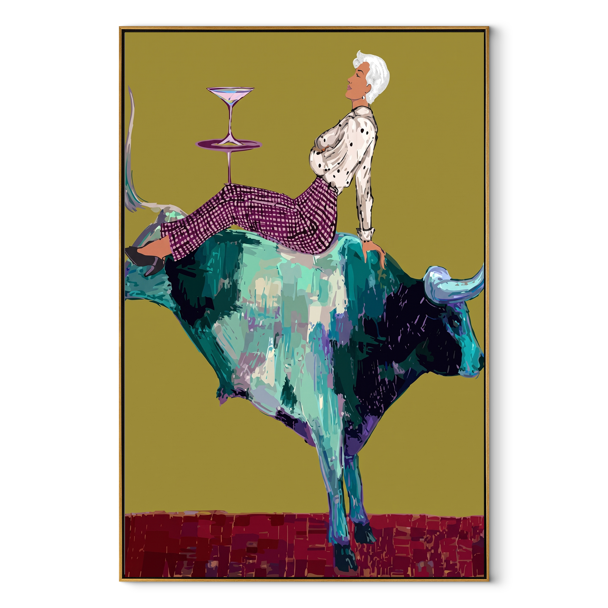 Teal Horns Carry Supper - reclining cowgirl bull painting by Ethan Mercer, contemporary Western vertical wall art – wood frame on white background