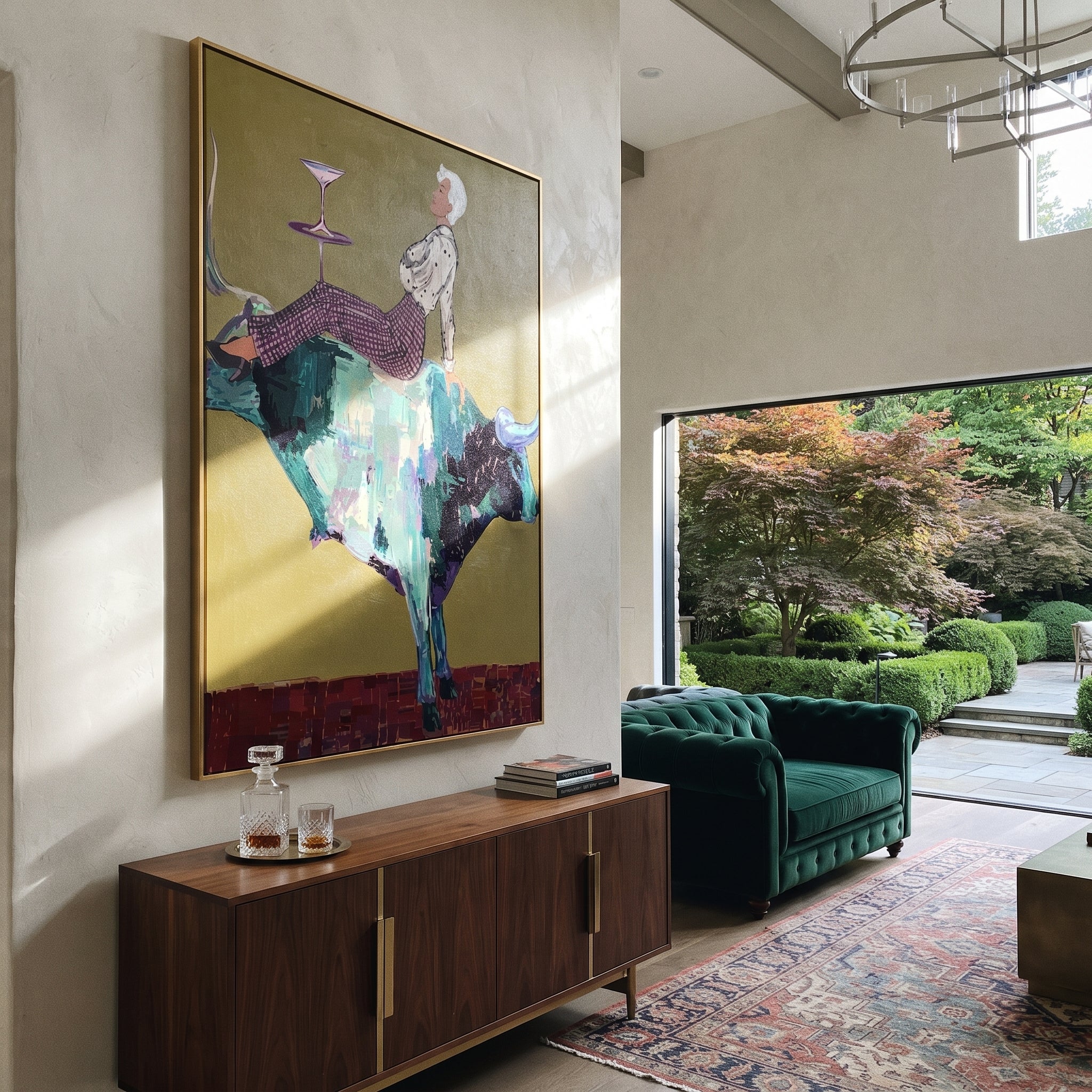 Teal Horns Carry Supper - reclining cowgirl bull painting by Ethan Mercer, contemporary Western vertical wall art – styled room scene view 2
