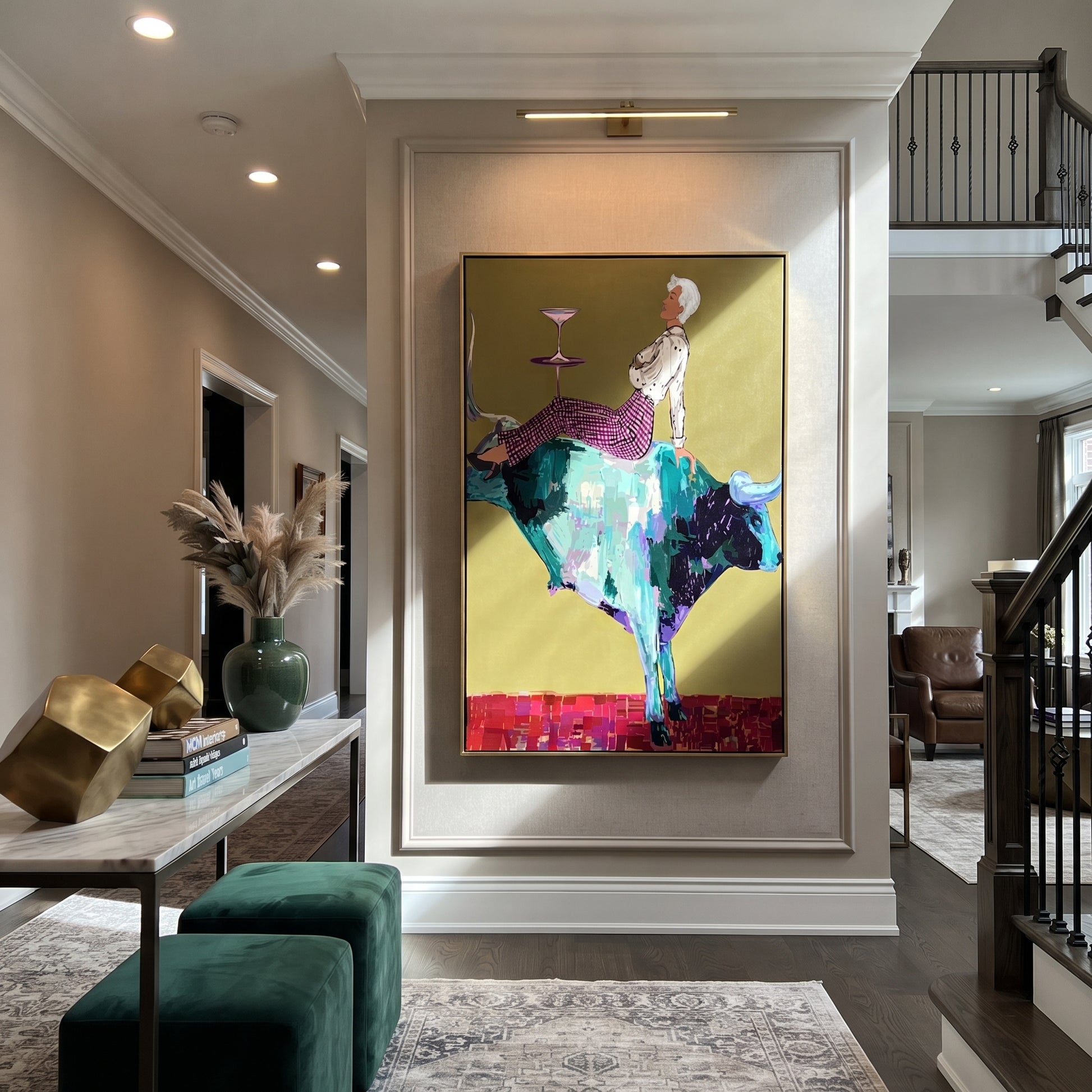Teal Horns Carry Supper - reclining cowgirl bull painting by Ethan Mercer, contemporary Western vertical wall art – styled room scene view 3