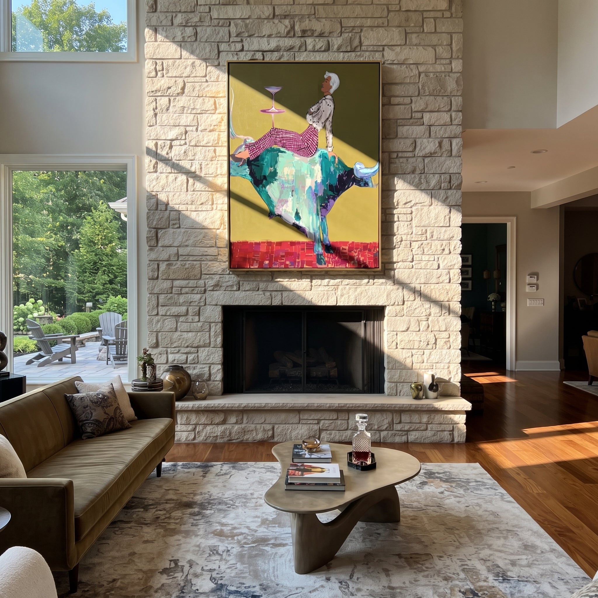 Teal Horns Carry Supper - reclining cowgirl bull painting by Ethan Mercer, contemporary Western vertical wall art – styled room scene view 4