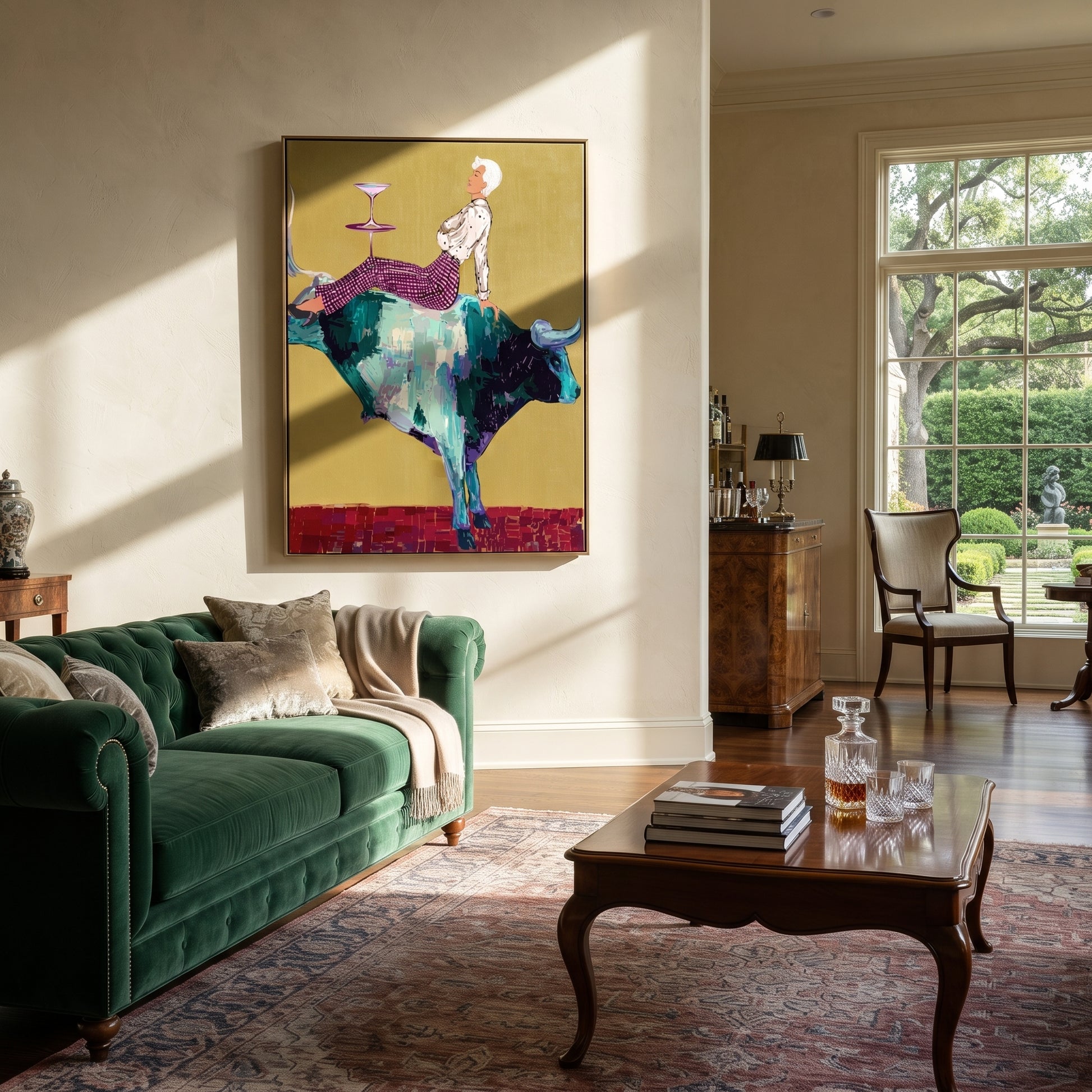 Teal Horns Carry Supper - reclining cowgirl bull painting by Ethan Mercer, contemporary Western vertical wall art – styled room scene view 5