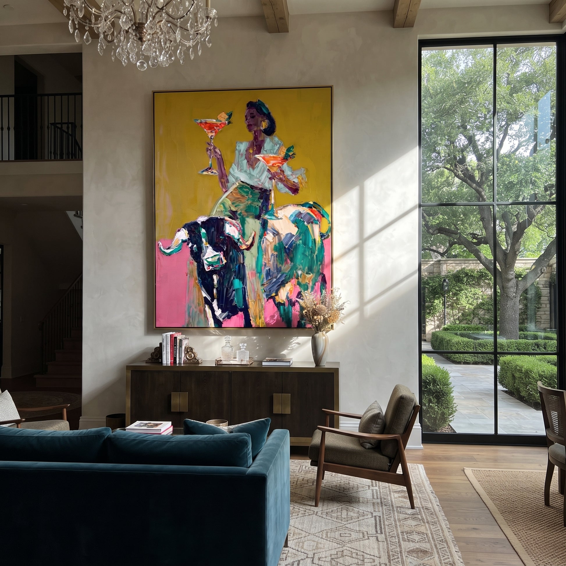 Two Glasses Ride Color - colorful cowgirl bull painting by Ethan Mercer, contemporary Western vertical wall art – styled room scene view 1