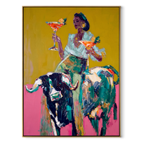 Two Glasses Ride Color - colorful cowgirl bull painting by Ethan Mercer, contemporary Western vertical wall art – wood frame on white background