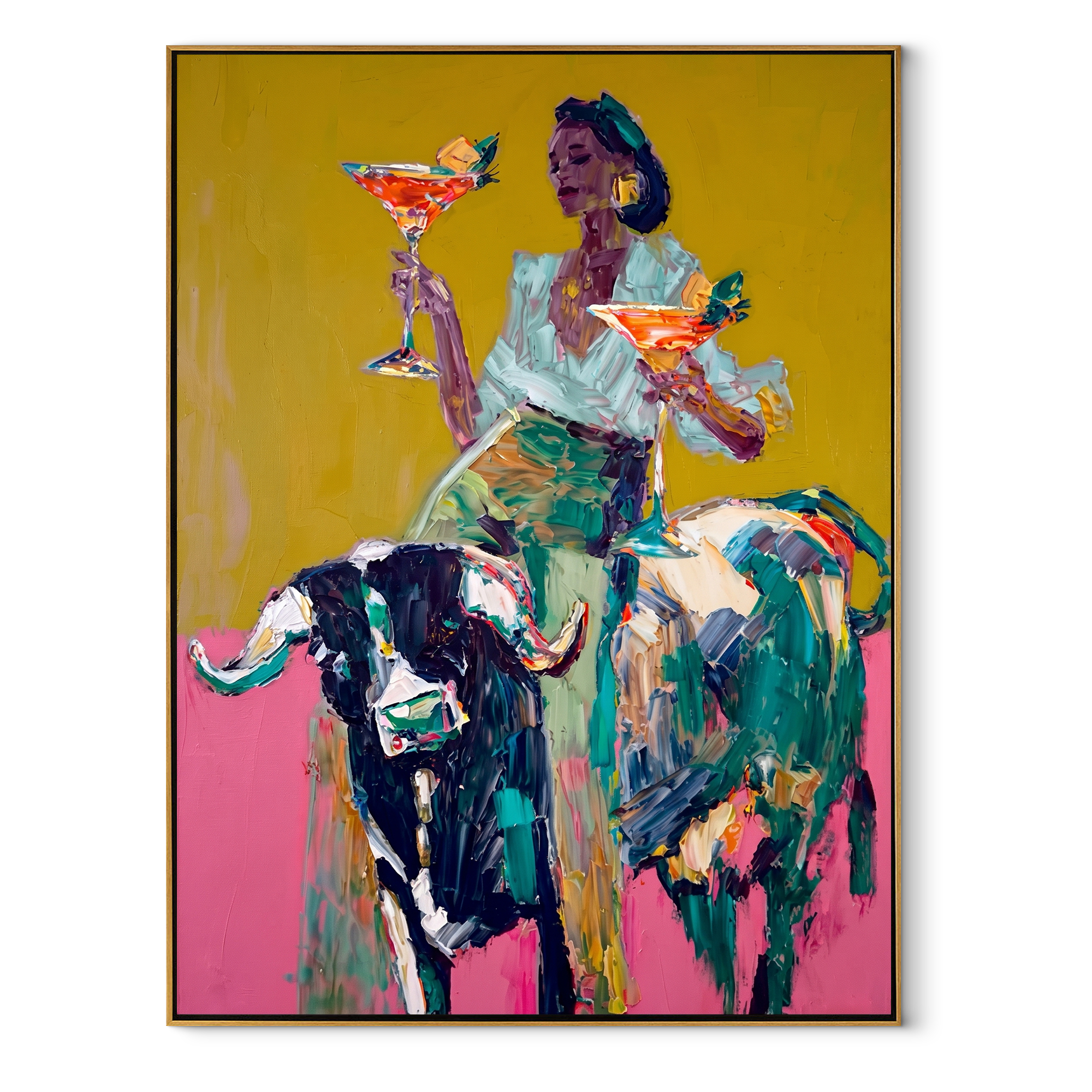 Two Glasses Ride Color - colorful cowgirl bull painting by Ethan Mercer, contemporary Western vertical wall art – wood frame on white background