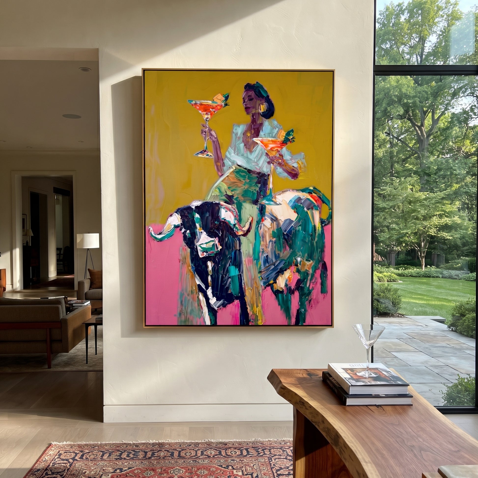 Two Glasses Ride Color - colorful cowgirl bull painting by Ethan Mercer, contemporary Western vertical wall art – styled room scene view 2