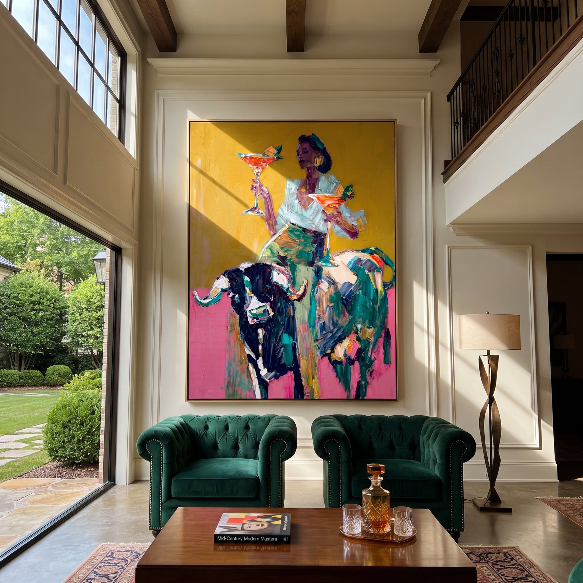 Two Glasses Ride Color - colorful cowgirl bull painting by Ethan Mercer, contemporary Western vertical wall art – styled room scene view 3