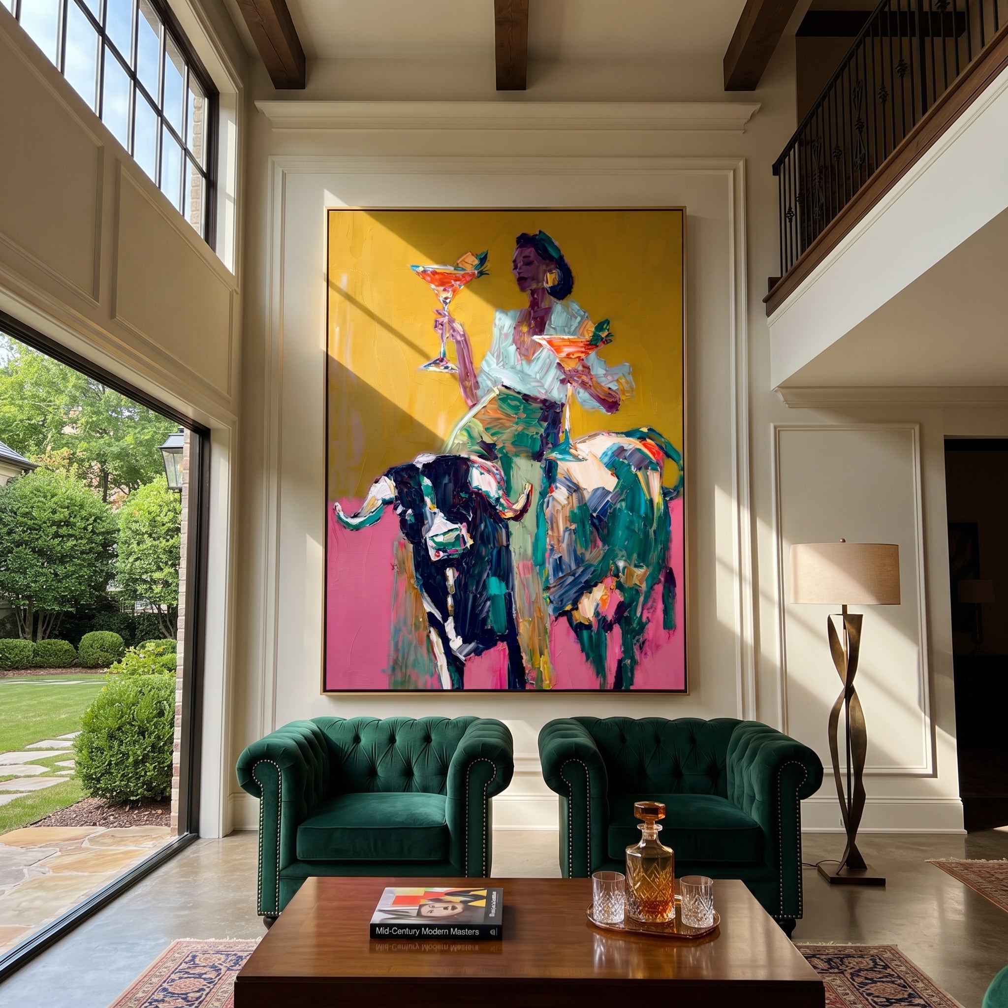 Two Glasses Ride Color - colorful cowgirl bull painting by Ethan Mercer, contemporary Western vertical wall art – styled room scene view 3