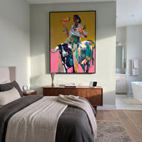 Two Glasses Ride Color - colorful cowgirl bull painting by Ethan Mercer, contemporary Western vertical wall art – styled room scene view 4