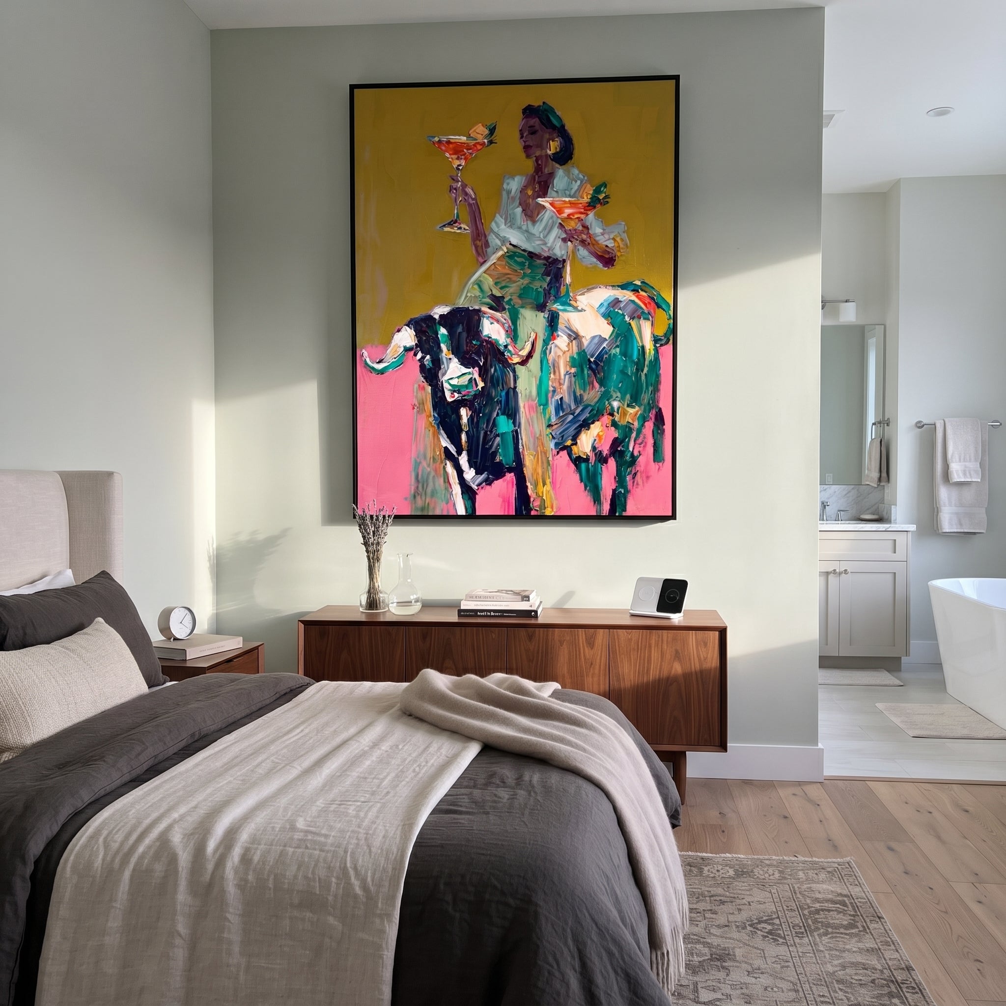 Two Glasses Ride Color - colorful cowgirl bull painting by Ethan Mercer, contemporary Western vertical wall art – styled room scene view 4