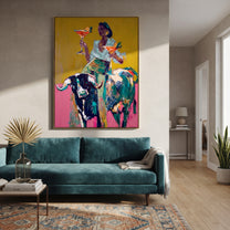 Two Glasses Ride Color - colorful cowgirl bull painting by Ethan Mercer, contemporary Western vertical wall art – styled room scene view 5