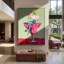 Magenta Glass Holds White - cowgirl in cocktail glass painting by Ethan Mercer, contemporary Western vertical wall art – styled room scene view 1