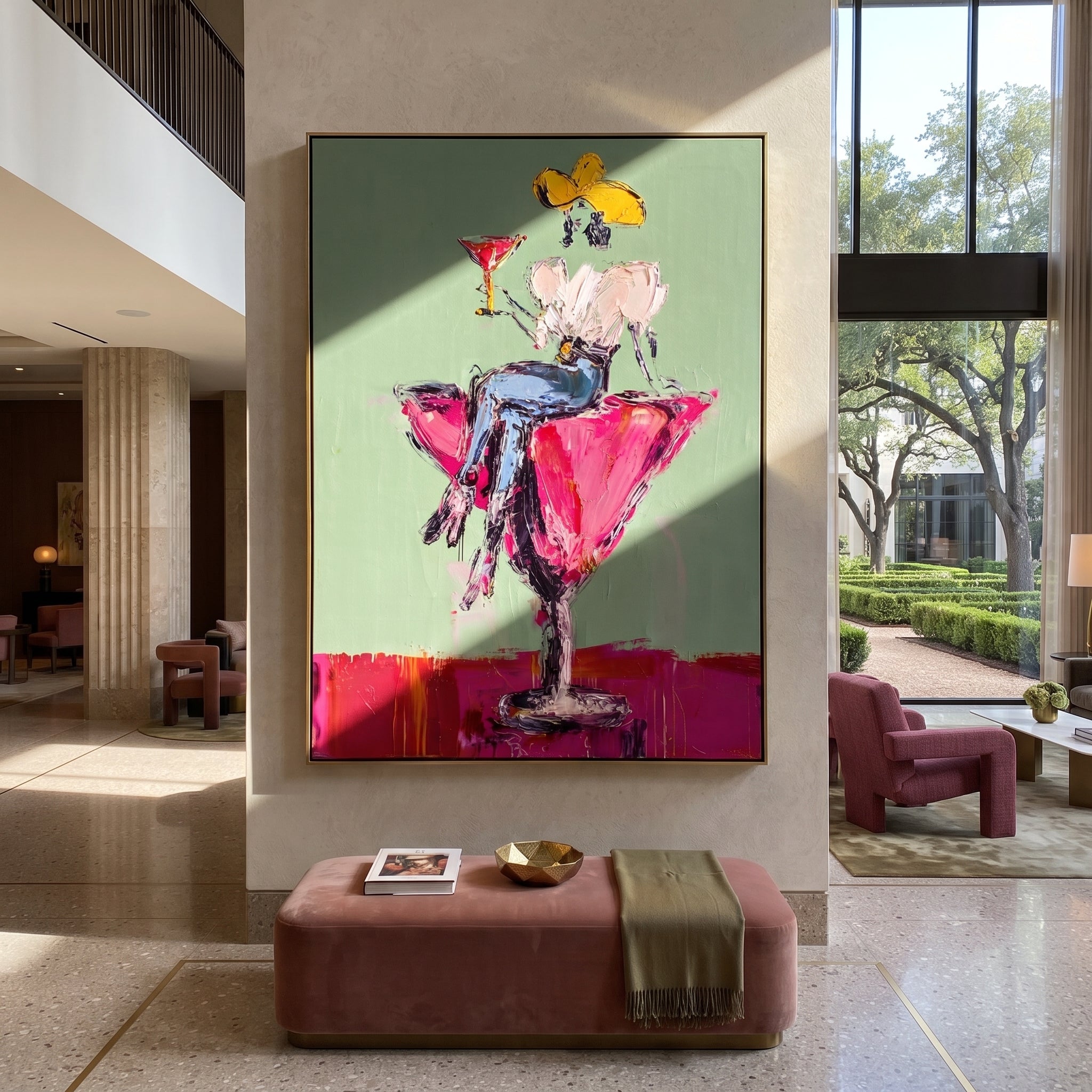 Magenta Glass Holds White - cowgirl in cocktail glass painting by Ethan Mercer, contemporary Western vertical wall art – styled room scene view 1