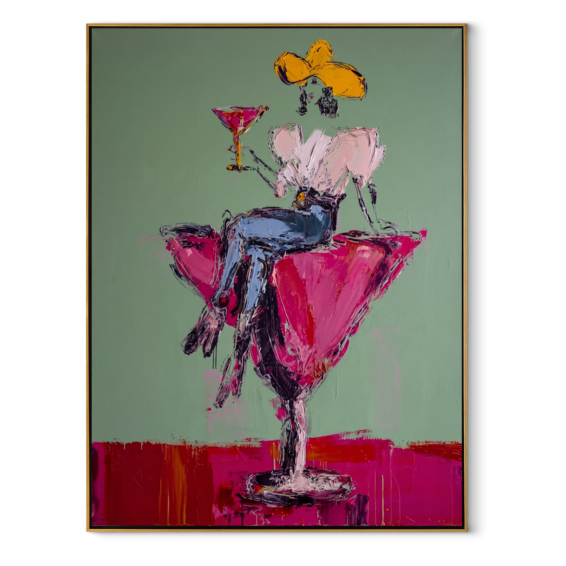 Magenta Glass Holds White - cowgirl in cocktail glass painting by Ethan Mercer, contemporary Western vertical wall art – wood frame on white background