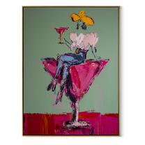 Magenta Glass Holds White - cowgirl in cocktail glass painting by Ethan Mercer, contemporary Western vertical wall art – wood frame on white background