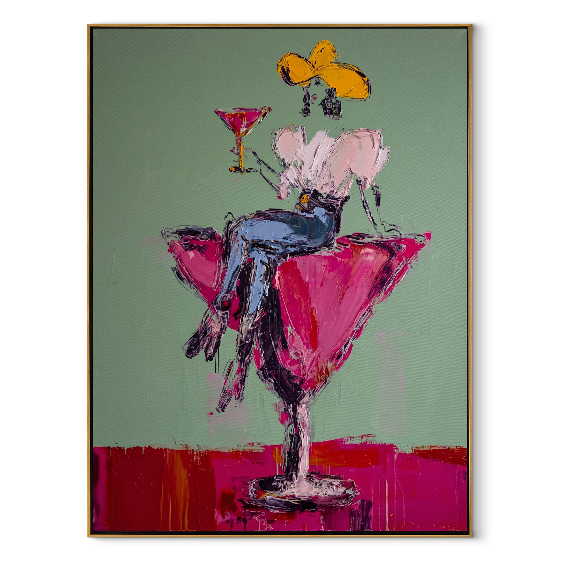 Magenta Glass Holds White - cowgirl in cocktail glass painting by Ethan Mercer, contemporary Western vertical wall art – wood frame on white background