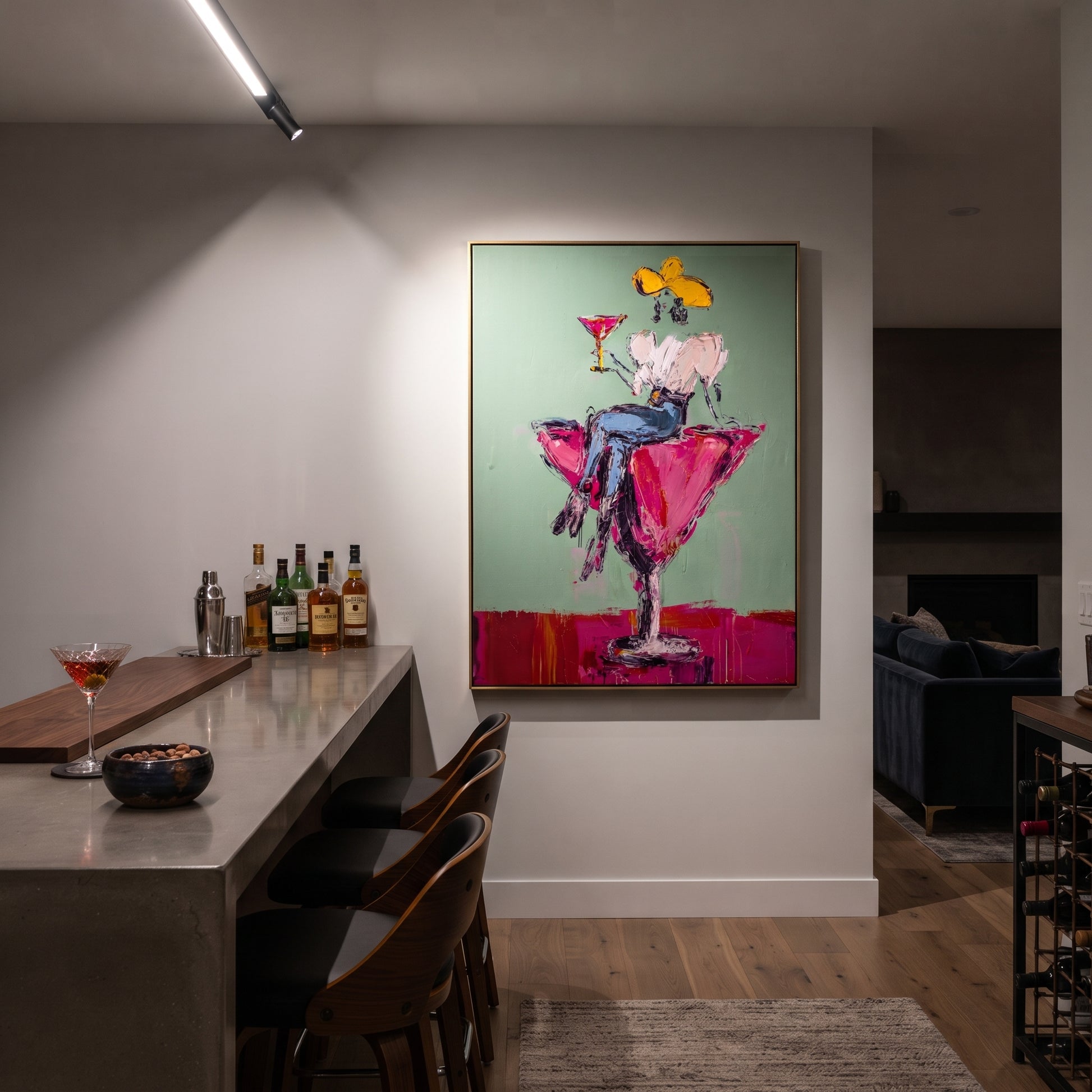 Magenta Glass Holds White - cowgirl in cocktail glass painting by Ethan Mercer, contemporary Western vertical wall art – styled room scene view 3