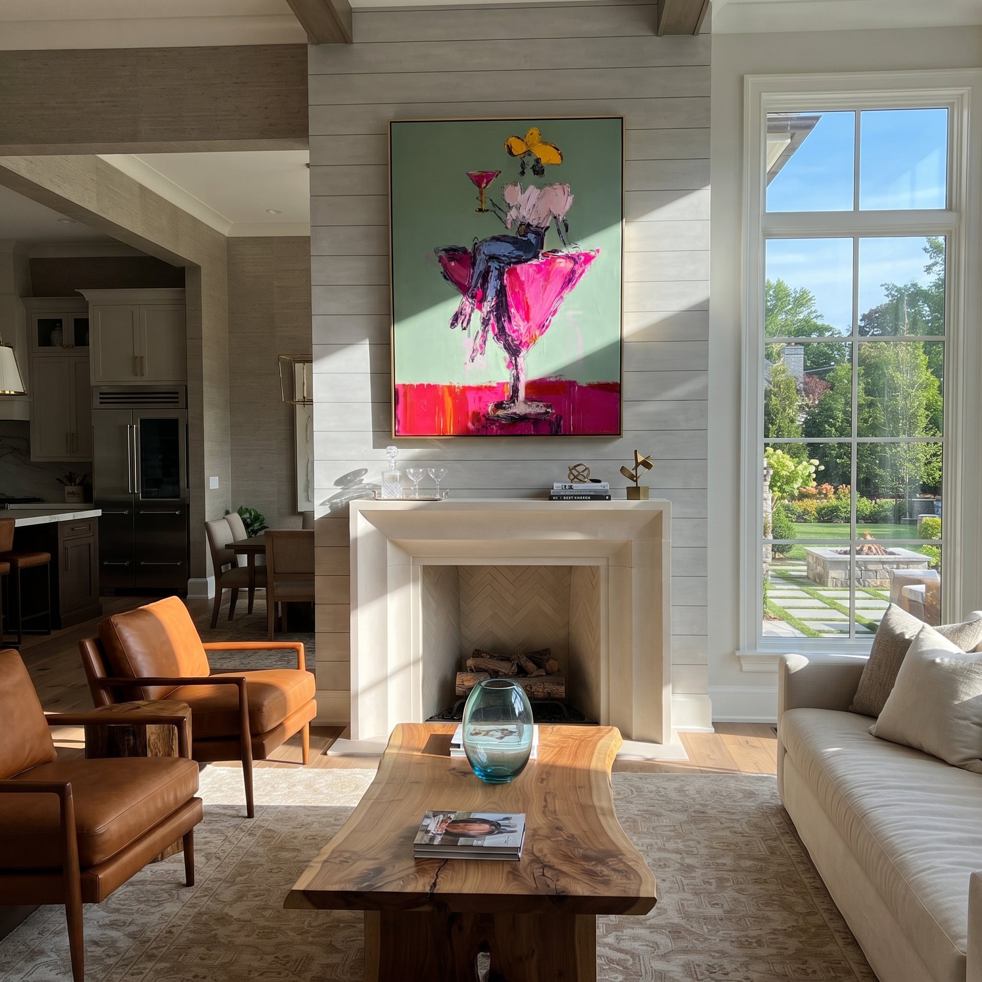 Magenta Glass Holds White - cowgirl in cocktail glass painting by Ethan Mercer, contemporary Western vertical wall art – styled room scene view 4