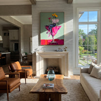 Magenta Glass Holds White - cowgirl in cocktail glass painting by Ethan Mercer, contemporary Western vertical wall art – styled room scene view 4