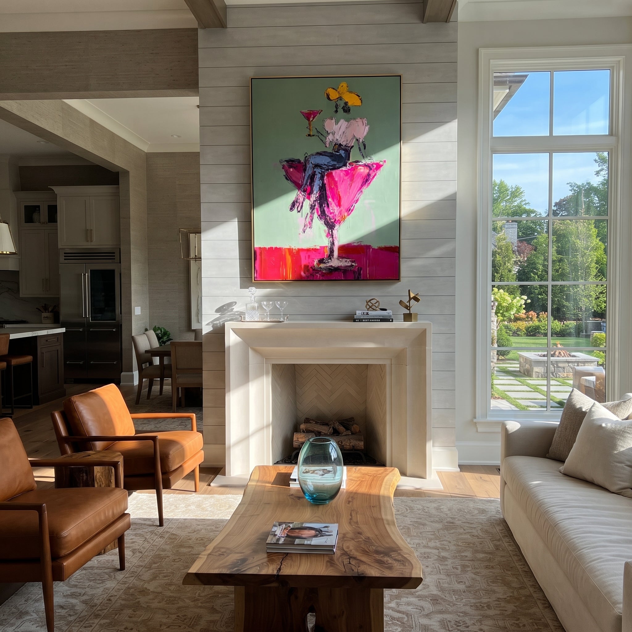Magenta Glass Holds White - cowgirl in cocktail glass painting by Ethan Mercer, contemporary Western vertical wall art – styled room scene view 4