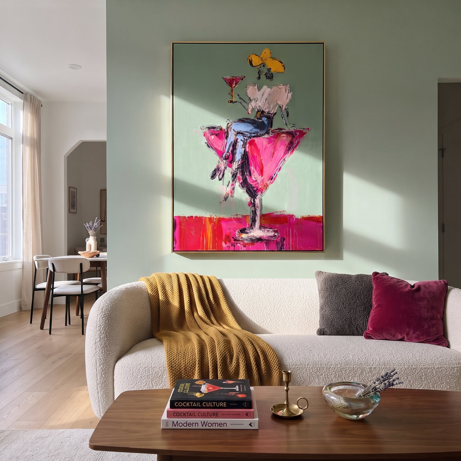 Magenta Glass Holds White - cowgirl in cocktail glass painting by Ethan Mercer, contemporary Western vertical wall art – styled room scene view 5