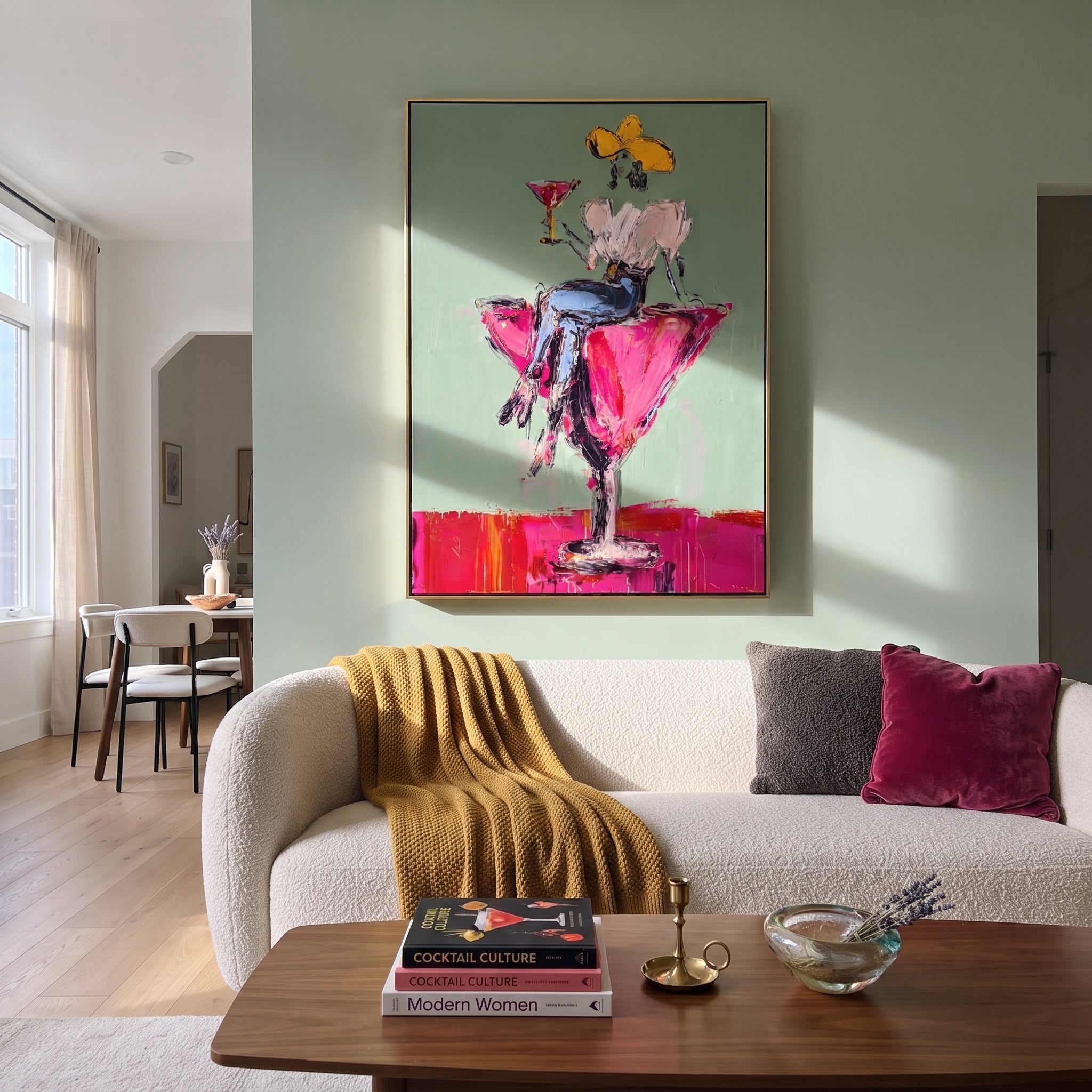 Magenta Glass Holds White - cowgirl in cocktail glass painting by Ethan Mercer, contemporary Western vertical wall art – styled room scene view 5