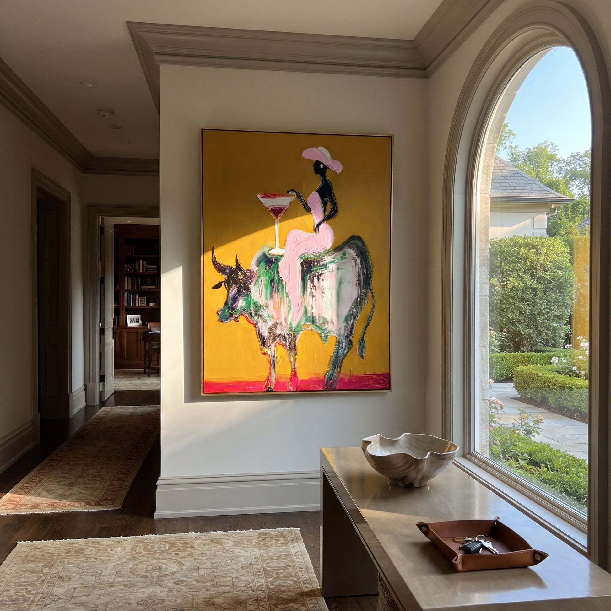 Golden Ground Raises Toast - black rider bull painting by Ethan Mercer, contemporary Western vertical wall art – styled room scene view 1