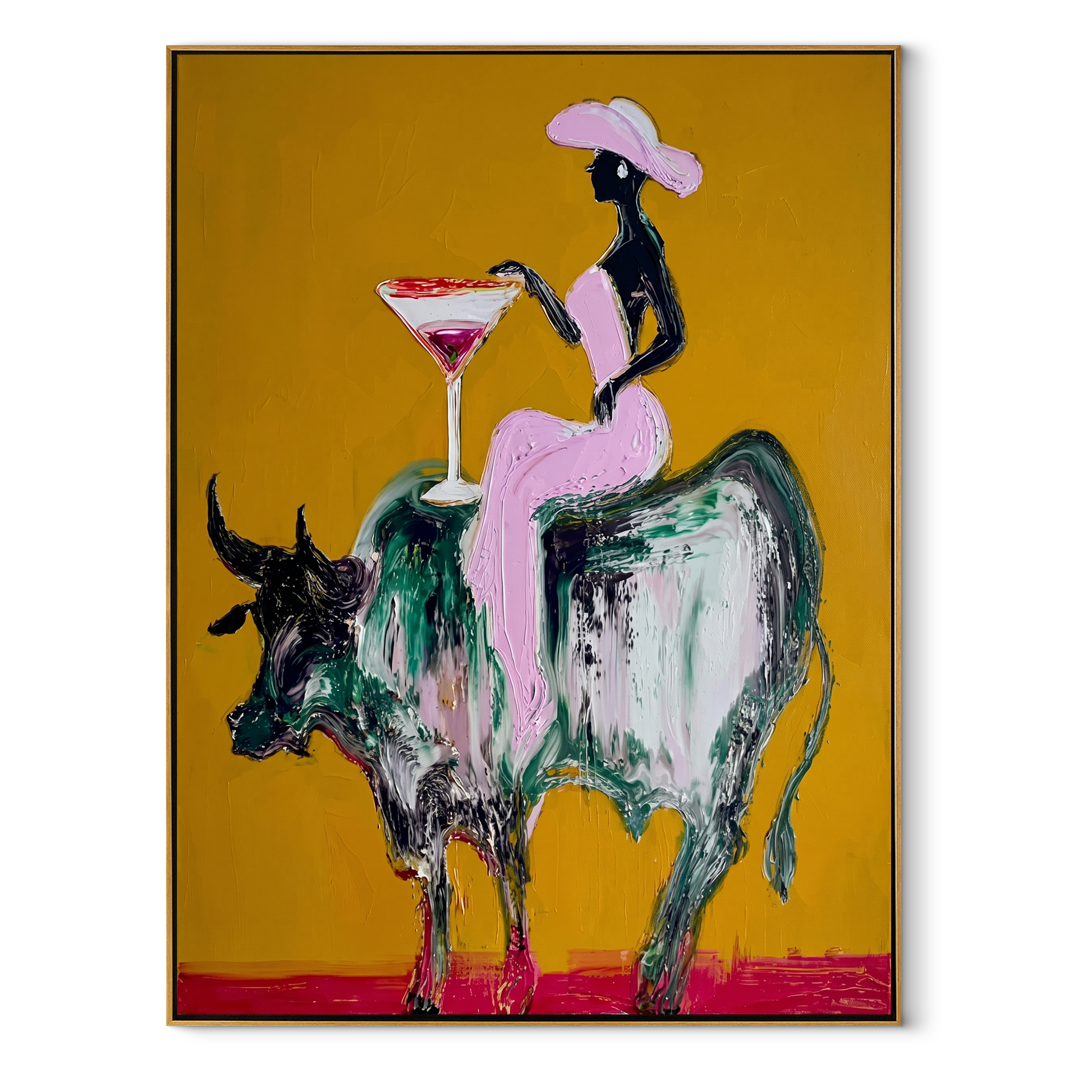 Golden Ground Raises Toast - black rider bull painting by Ethan Mercer, contemporary Western vertical wall art – wood frame on white background