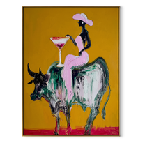 Golden Ground Raises Toast - black rider bull painting by Ethan Mercer, contemporary Western vertical wall art – wood frame on white background