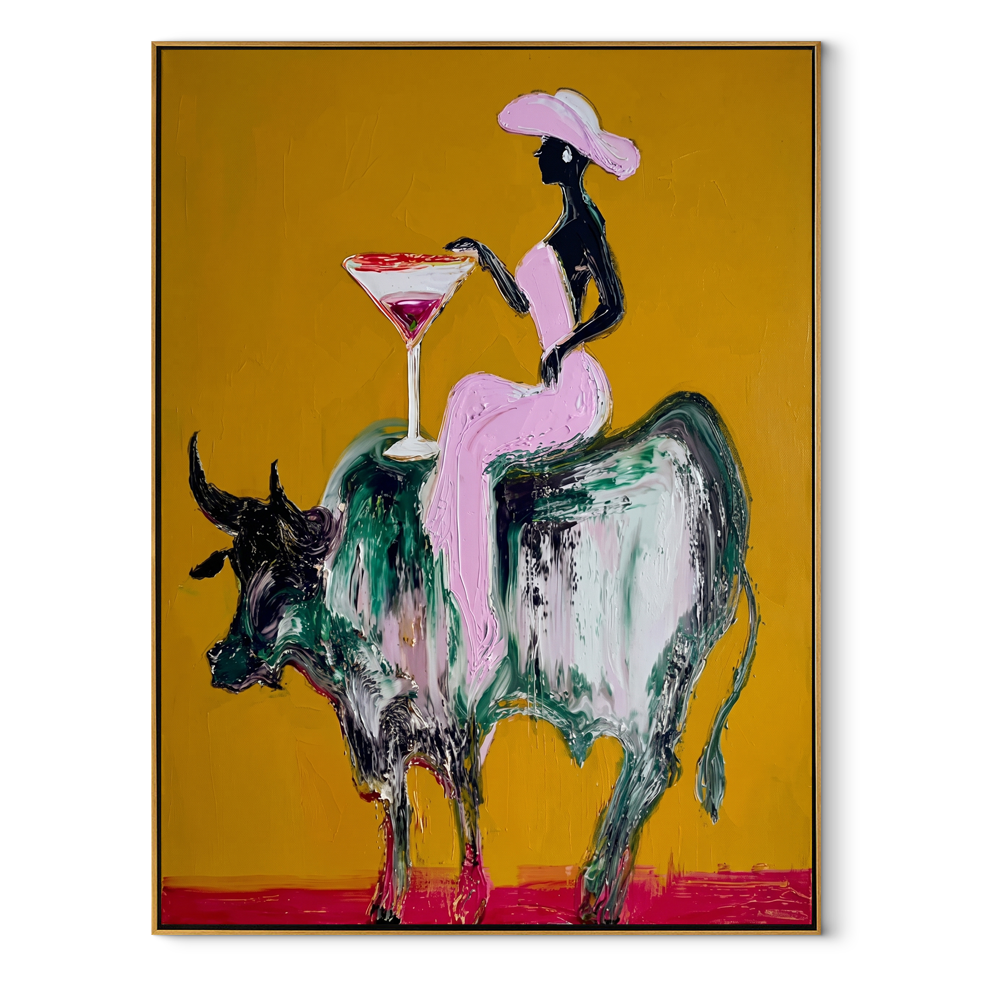 Golden Ground Raises Toast - black rider bull painting by Ethan Mercer, contemporary Western vertical wall art – wood frame on white background