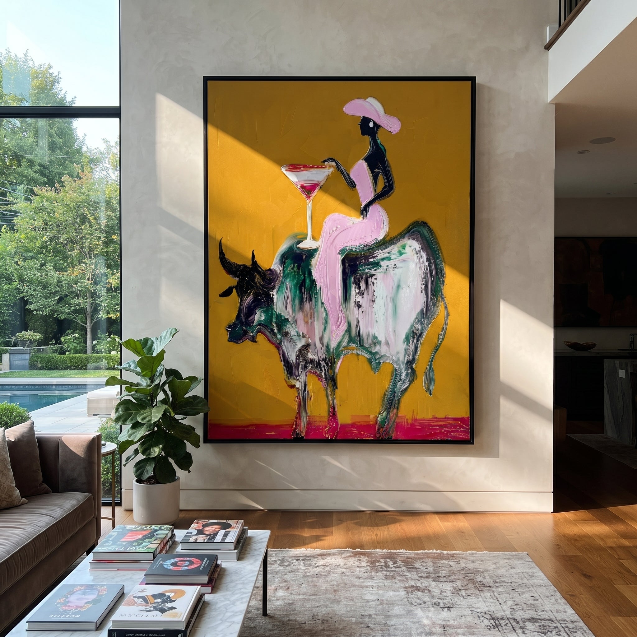 Golden Ground Raises Toast - black rider bull painting by Ethan Mercer, contemporary Western vertical wall art – styled room scene view 2