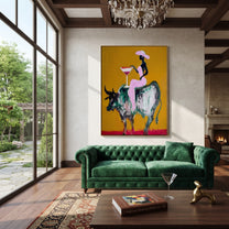 Golden Ground Raises Toast - black rider bull painting by Ethan Mercer, contemporary Western vertical wall art – styled room scene view 3