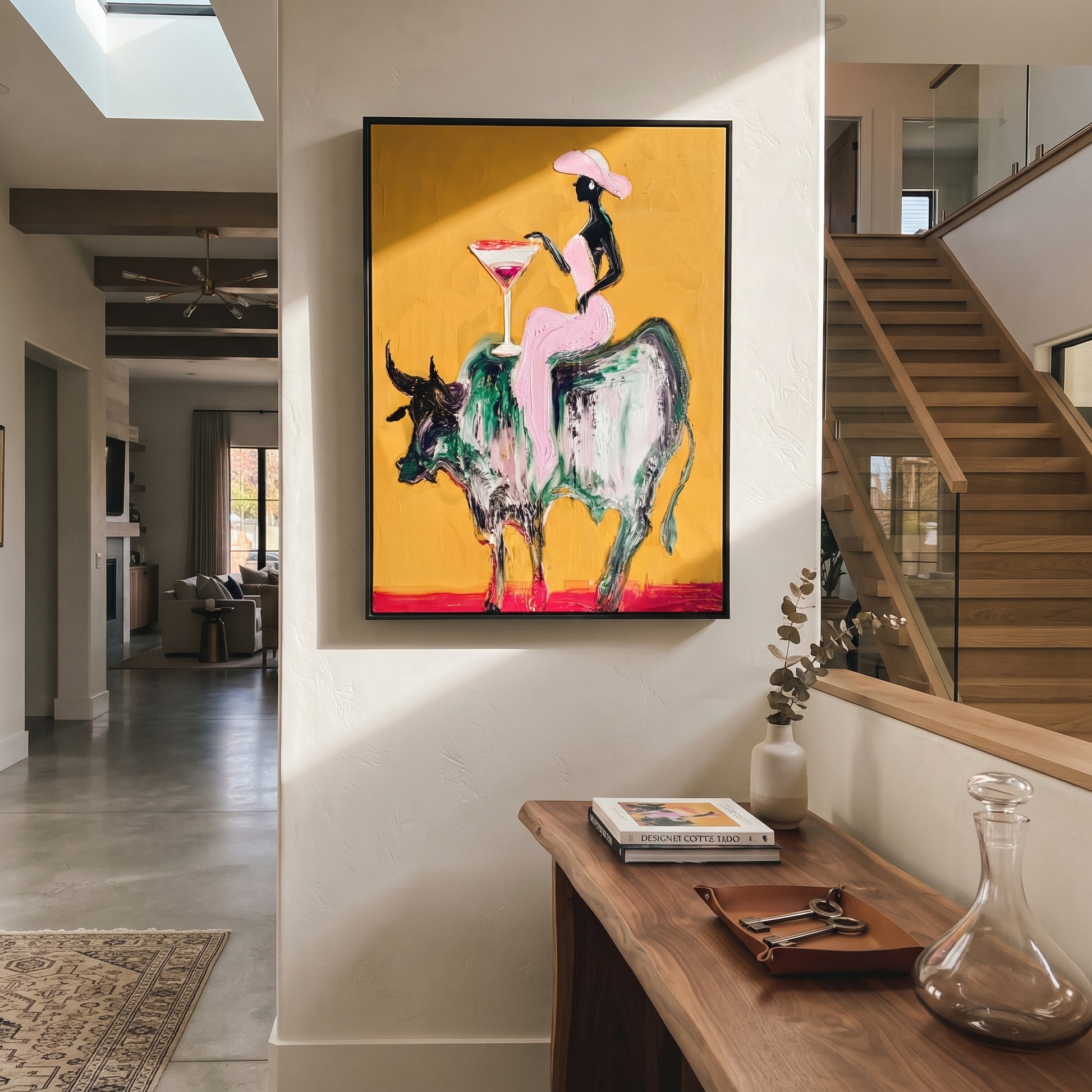 Golden Ground Raises Toast - black rider bull painting by Ethan Mercer, contemporary Western vertical wall art – styled room scene view 5