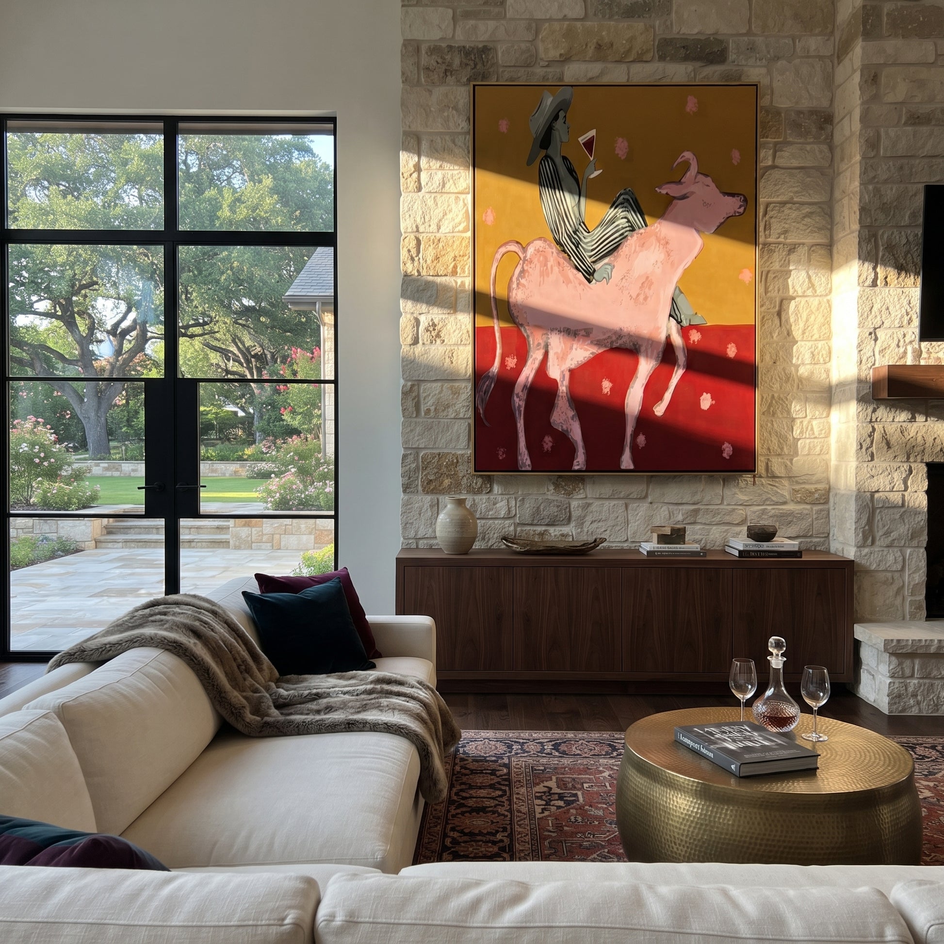 Pink Bull Carries Stripes - striped cowboy bull painting by Ethan Mercer, contemporary Western vertical wall art – styled room scene view 1